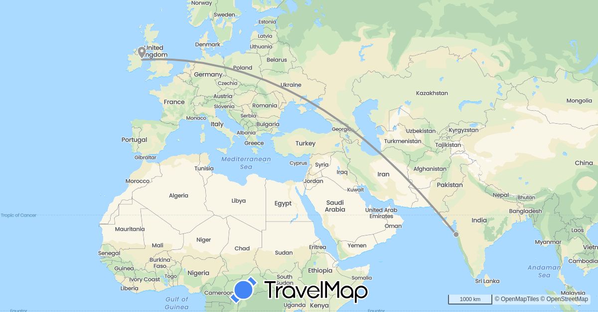 TravelMap itinerary: driving, plane in Ireland, India (Asia, Europe)